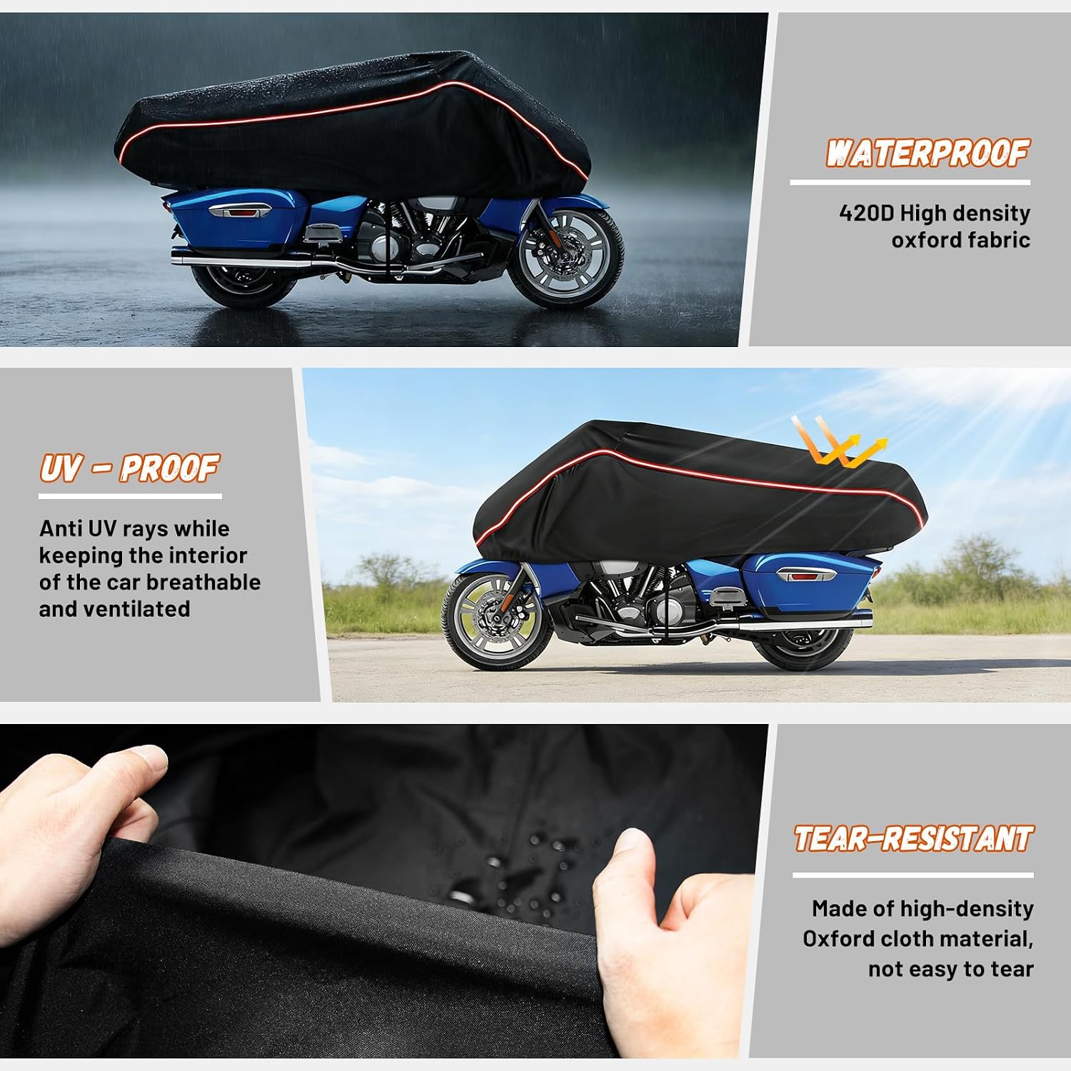 Motorcycle Half Cover Waterproof Windproof Outdoor Dustproof for Touring Models Road King Street Glide Road Glide and More, with Reflective Strip, Black