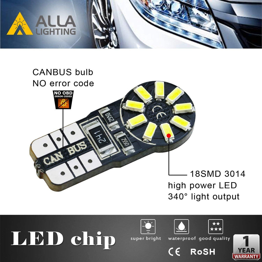 Alla Lighting 4x 194 168 LED Light Bulb 6000K White Super Bright 175 168 2825 W5W T10 Wedge 3014 SMD LED Replacement Bulbs CAN-BUS for Car Interior Map Dome Trunk License Parking Lights