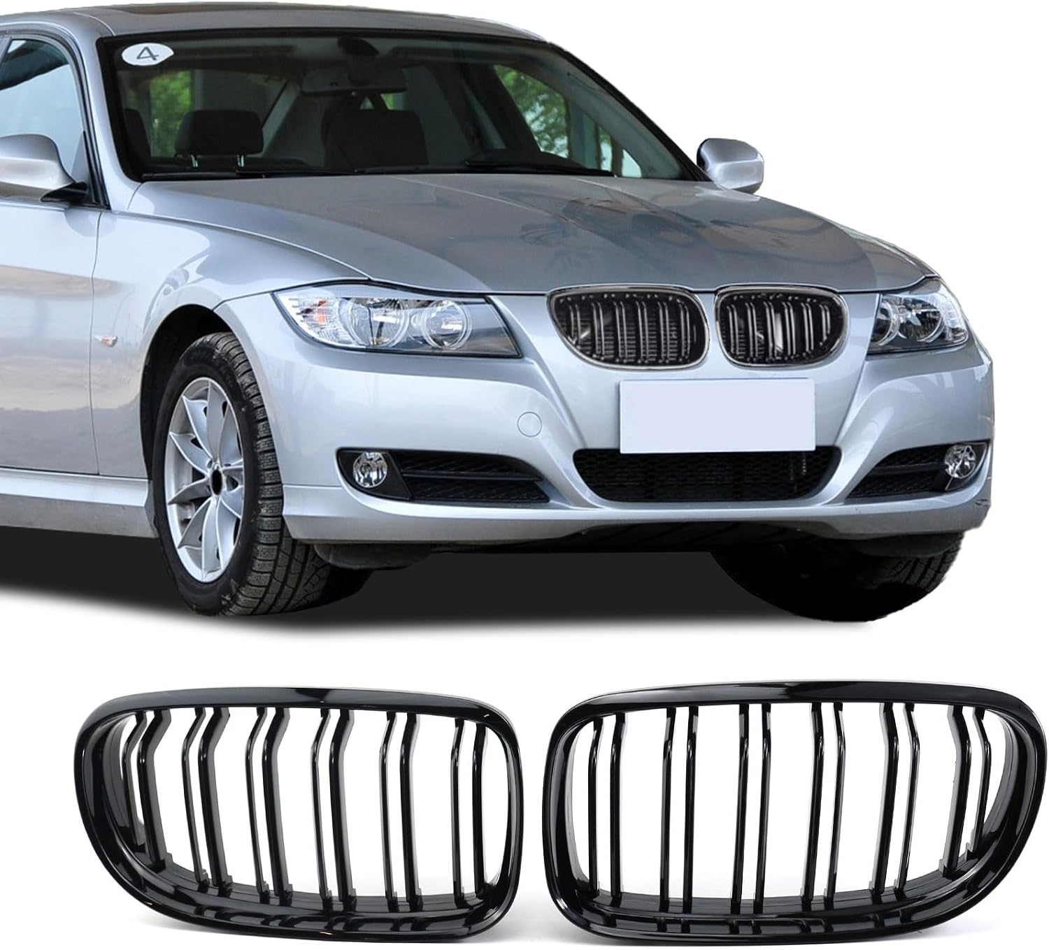 Front Grille Double Slats Front Grill for BMW E90 328i 318i 320i 323i 325i 330i 335i 2009-2011 - Front Kidney Grille (ABS Glossy Black)