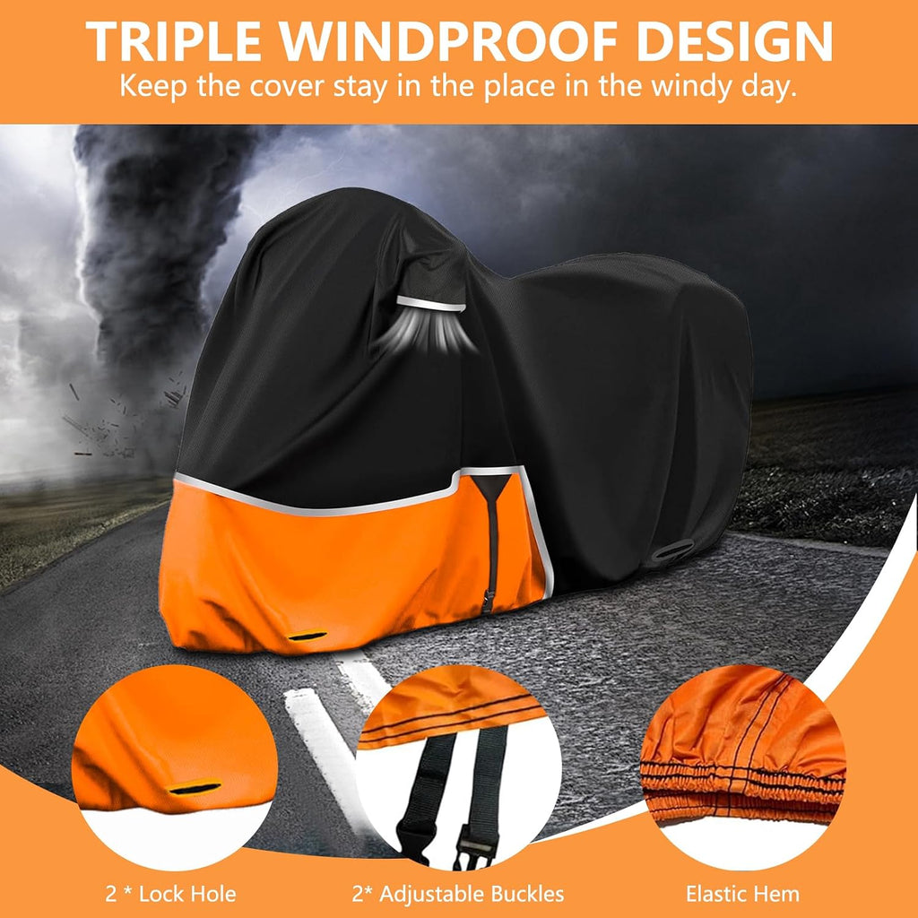 420D Motorcycle Cover with Road Glide Ultra CVO Pursuit Limited Wing Voyager - Heavy Duty Waterproof for Touring Protection Side & Top Box Cover fit up to 110", Indoor & Outdoor Storage