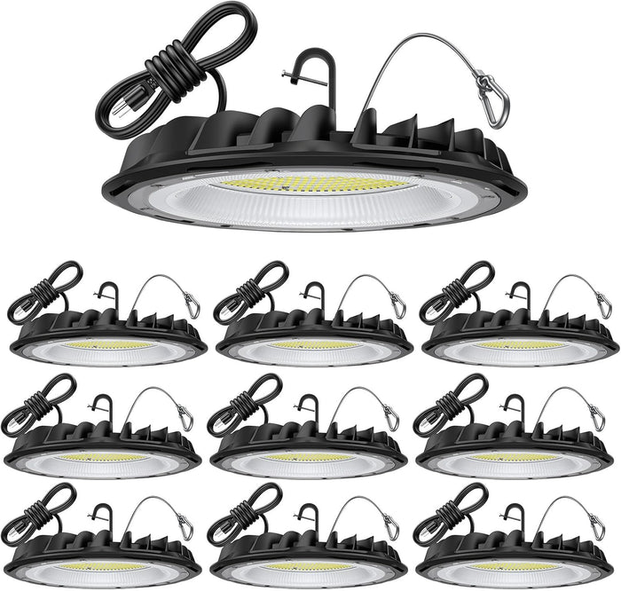 hunhun 10 Pack ETL 155W UFO LED High Bay Light, 22500lm, Daylight 5000K, US Plug,110-277V, IP65 Waterproof Commercial LED Shop Lights for Workshop Factory Barn Warehouse, Garage ETL Listed