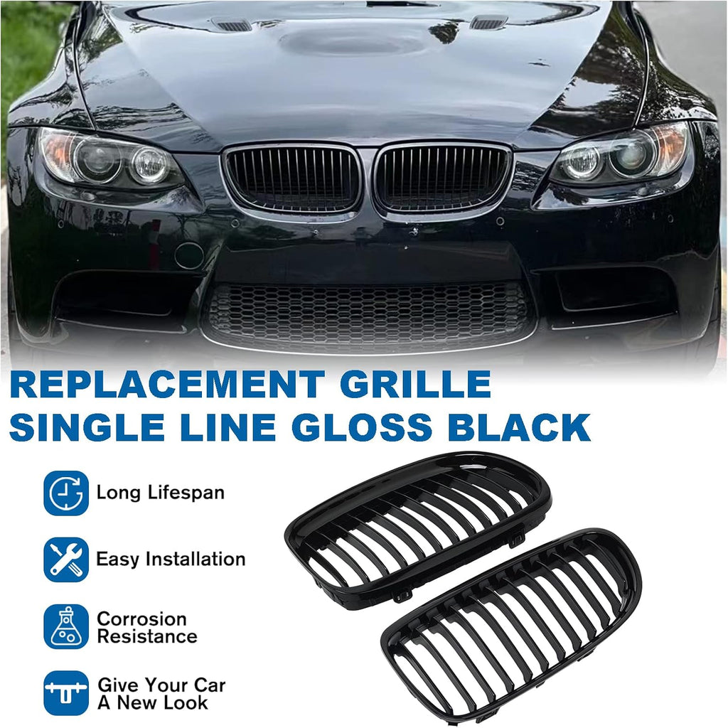 E90 Grille - Black Kidney Single slats Grill Compatible With BMW 3 series E90 2009-2011 323i 328i 328xi 335d 335i 335xi Sedan LCI，E91 328i 328xi Touring LCI,ABS Gloss Black Kidney Grill