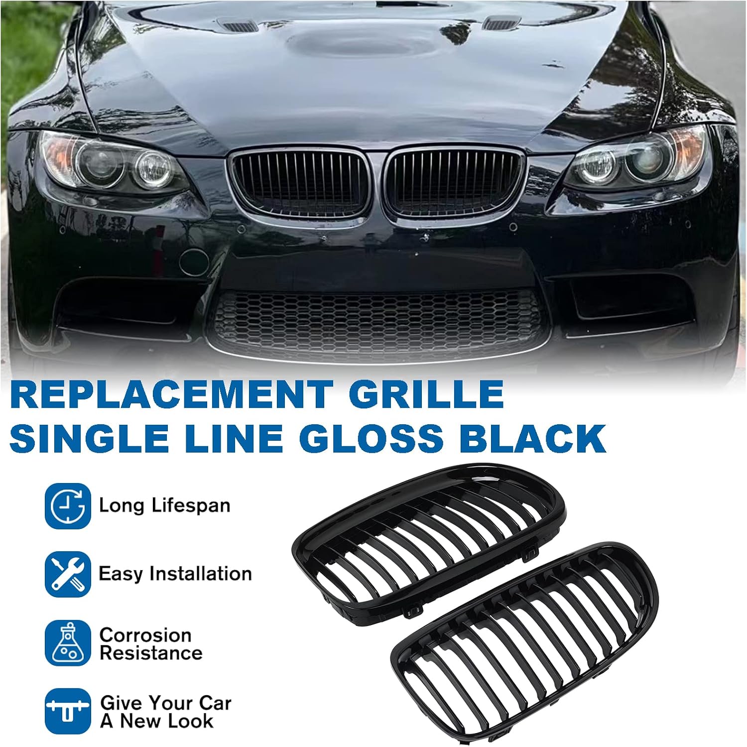 E90 Grille - Black Kidney Single slats Grill Compatible With BMW 3 series E90 2009-2011 323i 328i 328xi 335d 335i 335xi Sedan LCI，E91 328i 328xi Touring LCI,ABS Gloss Black Kidney Grill