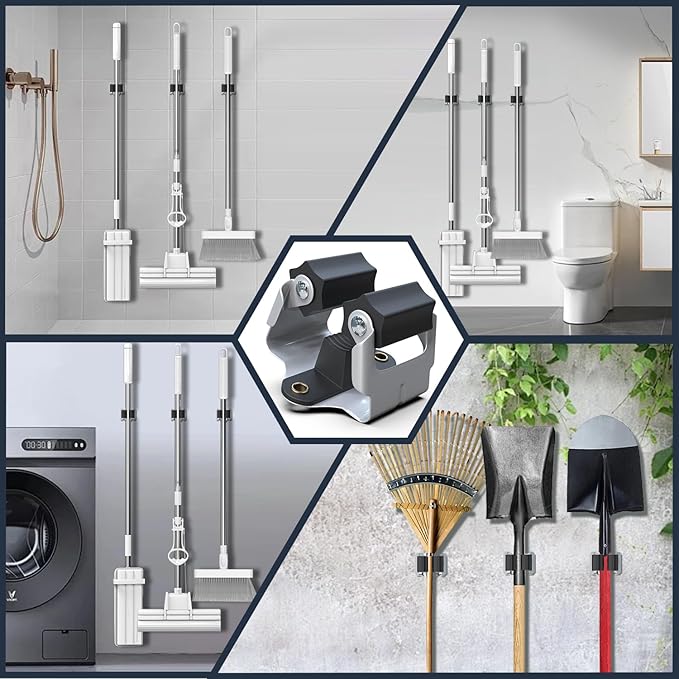 3-H 6 Pack Mop and Broom Holder Big Size Hanging 1 KG Extra, Broom Holder Wall - Image 2