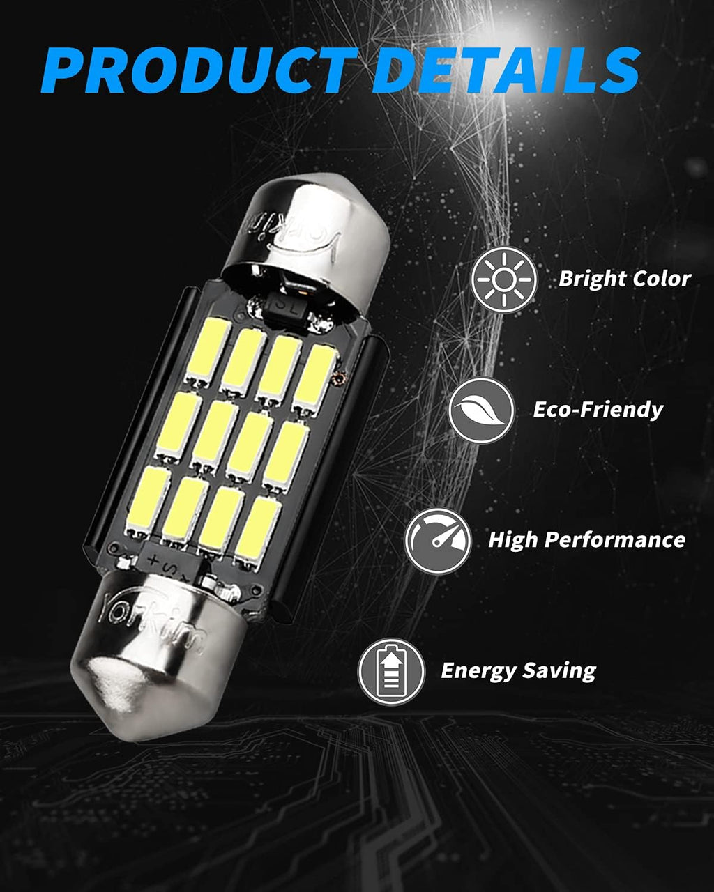 Yorkim 6418 LED Bulb, 36mm LED 6500K White Super Bright Interior Lights 12-SMD 4014 Chipsets, Festoon LED 36mm 37mm 38mm, DE3021 C5W Bulb White, Pack of 2