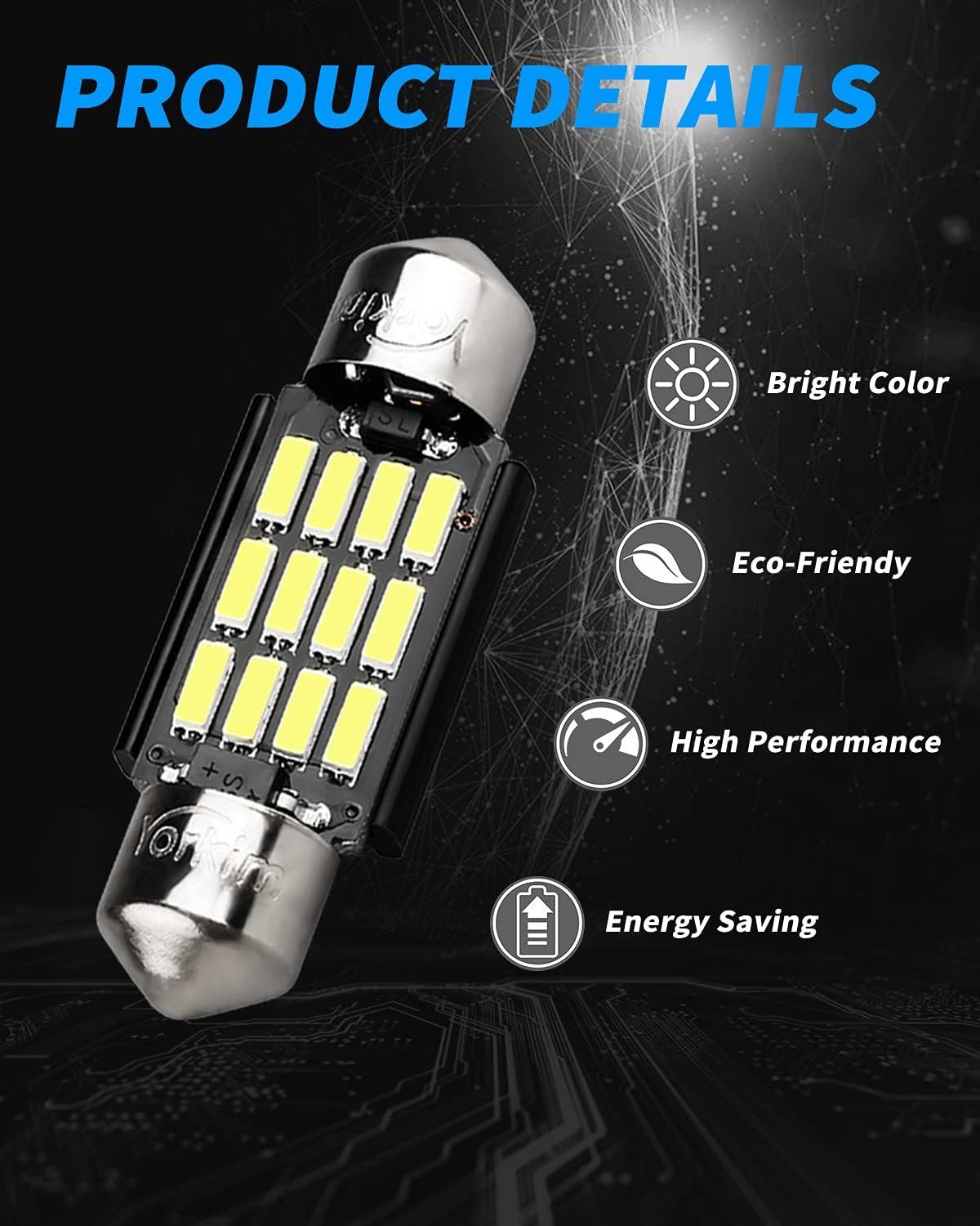 Yorkim 6418 LED Bulb, 36mm LED 6500K White Super Bright Interior Lights 12-SMD 4014 Chipsets, Festoon LED 36mm 37mm 38mm, DE3021 C5W Bulb White, Pack of 2