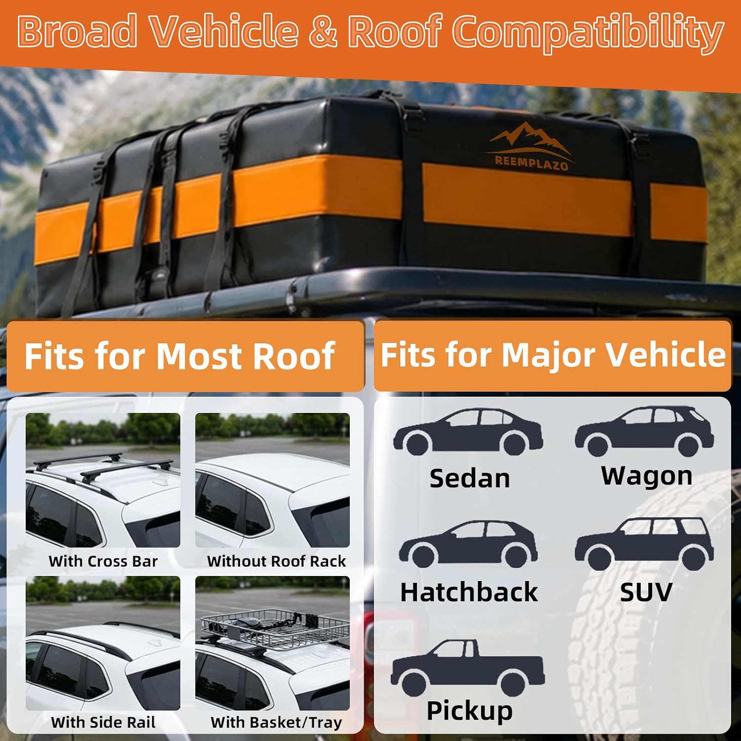 21 Cubic Feet Rooftop Cargo Carrier Bag, Waterproof Heavy Duty Car Roof Bag for SUV Pickup Truck with/Without Roof Racks, Travel Camping Roof Top Luggage Storage with Anti-Slip Mat (Black Orange)