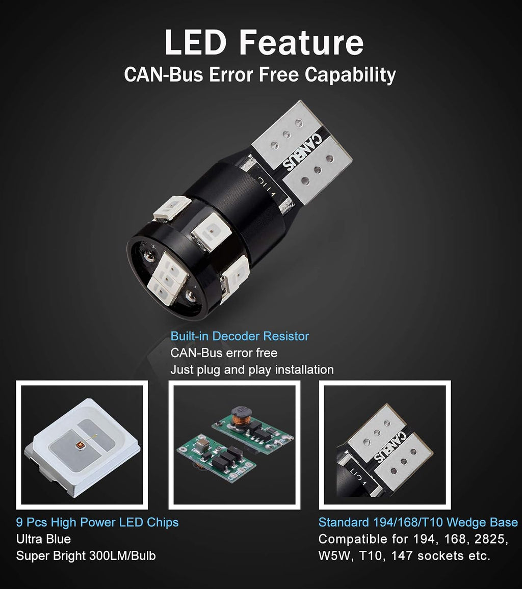 300LM Extremely Bright Canbus Error Free 194 168 2825 W5W T10 LED Bulbs Ultra Blue 9-SMD 2835 LED Chipsets for Dome Map Door Courtesy License Plate Lights (Pack of 4)