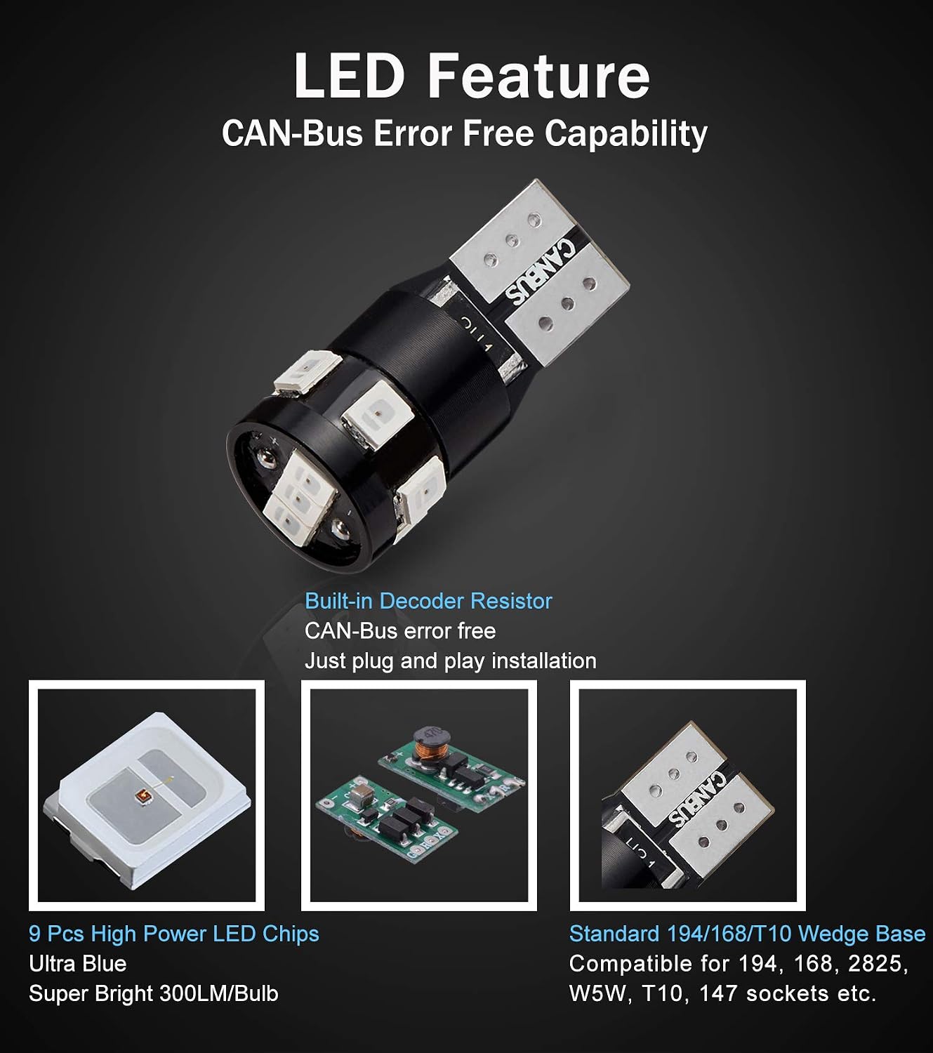 300LM Extremely Bright Canbus Error Free 194 168 2825 W5W T10 LED Bulbs Ultra Blue 9-SMD 2835 LED Chipsets for Dome Map Door Courtesy License Plate Lights (Pack of 4)