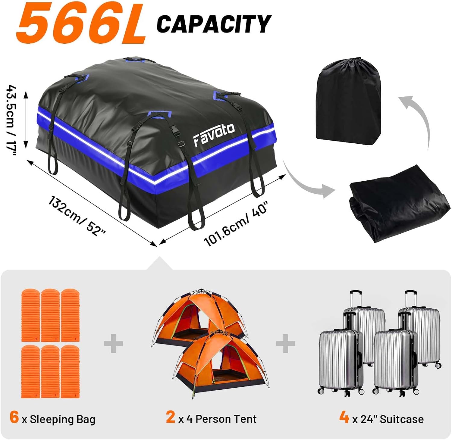 Favoto Roof Box 566L Foldable Roof Box Waterproof Roof Bag with Non-Slip Mat Door Hooks Reinforcement Straps for Cars SUVS with/without Pannier Rack Travel Luggage Transport Blue