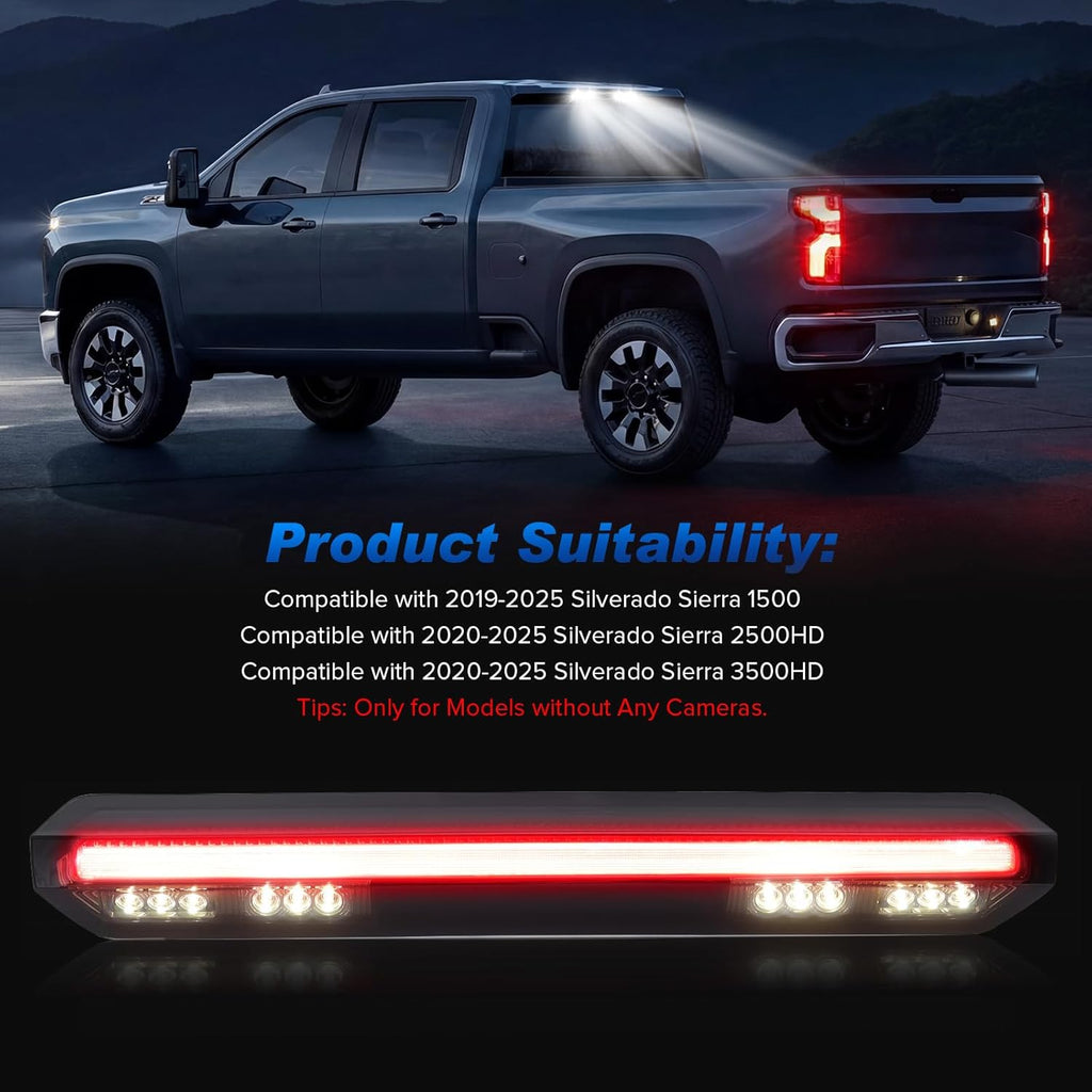LED 3rd Third Brake Light Compatible with 2019-2025 Silverado Sierra 1500 2500HD 3500HD (Only for Models without Any Cargo Bed Camera) High Mount Rear Brake w/ Truck Cab Cargo Lights, Smoked Len