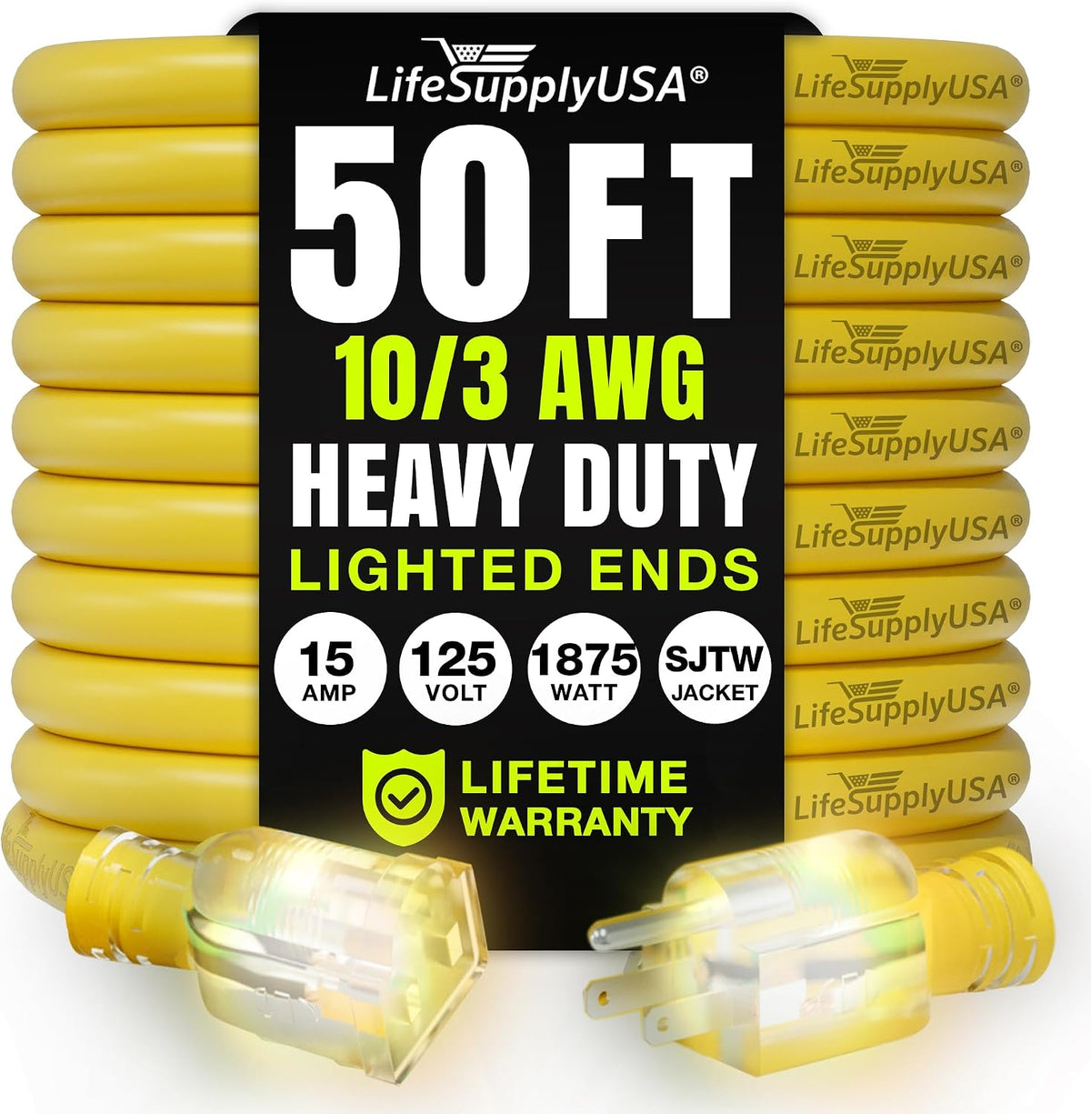 50ft Outdoor/Indoor Extension Cord 10/3 Gauge Ultra Heavy Duty 3 Prong SJTW