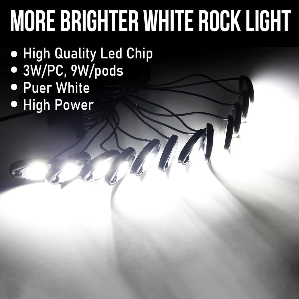 OPP ULITE White LED Rock Lights Kit, 12 Pods Underglow for Jeep Offroad Truck Car ATV SUV Boat Motorcycle Vehicle Under Body Glow Lamp Trail Fender Lighting (12pods Rock W)