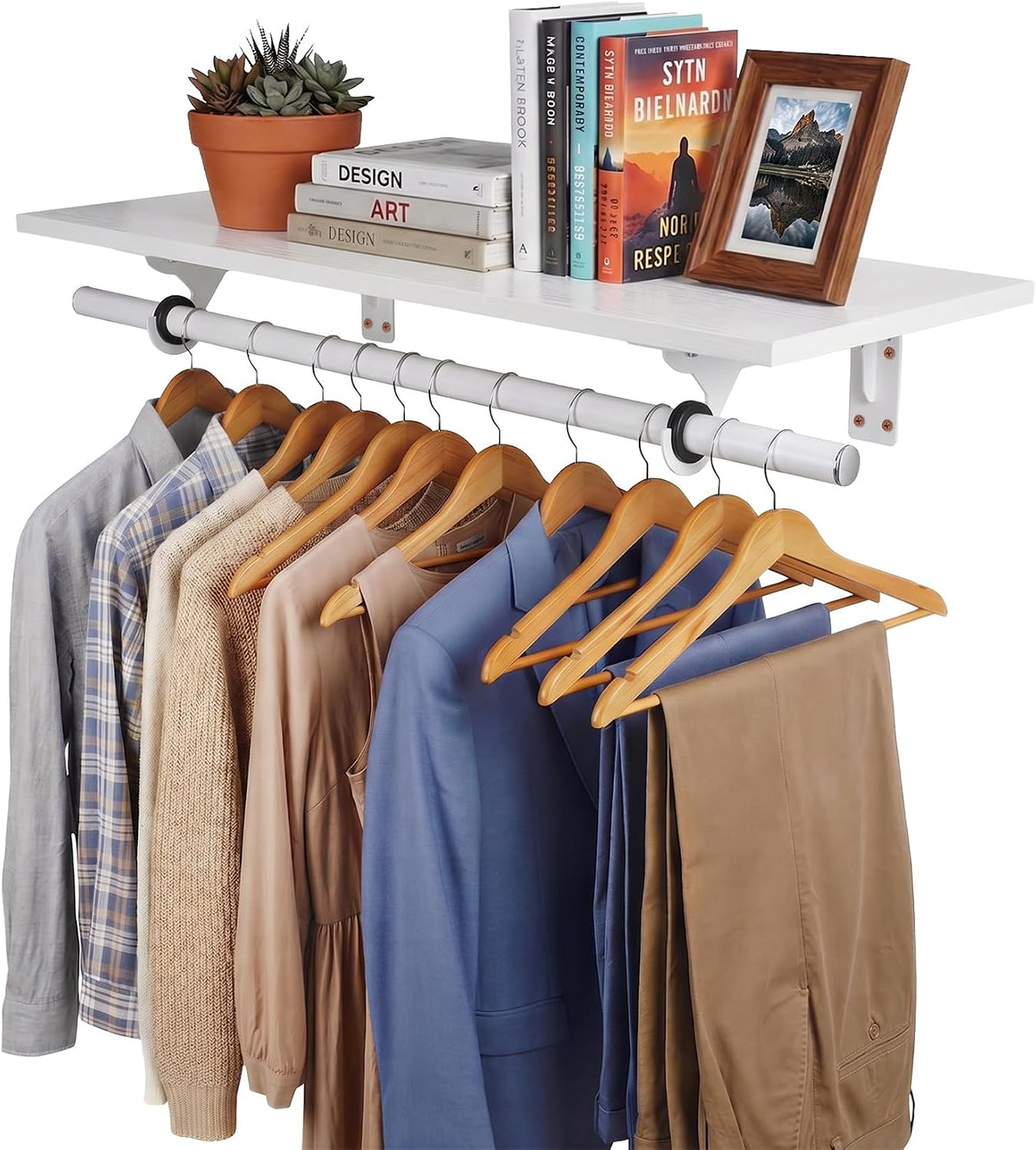 wall mounted clothes rack, with top shelf and shown in use