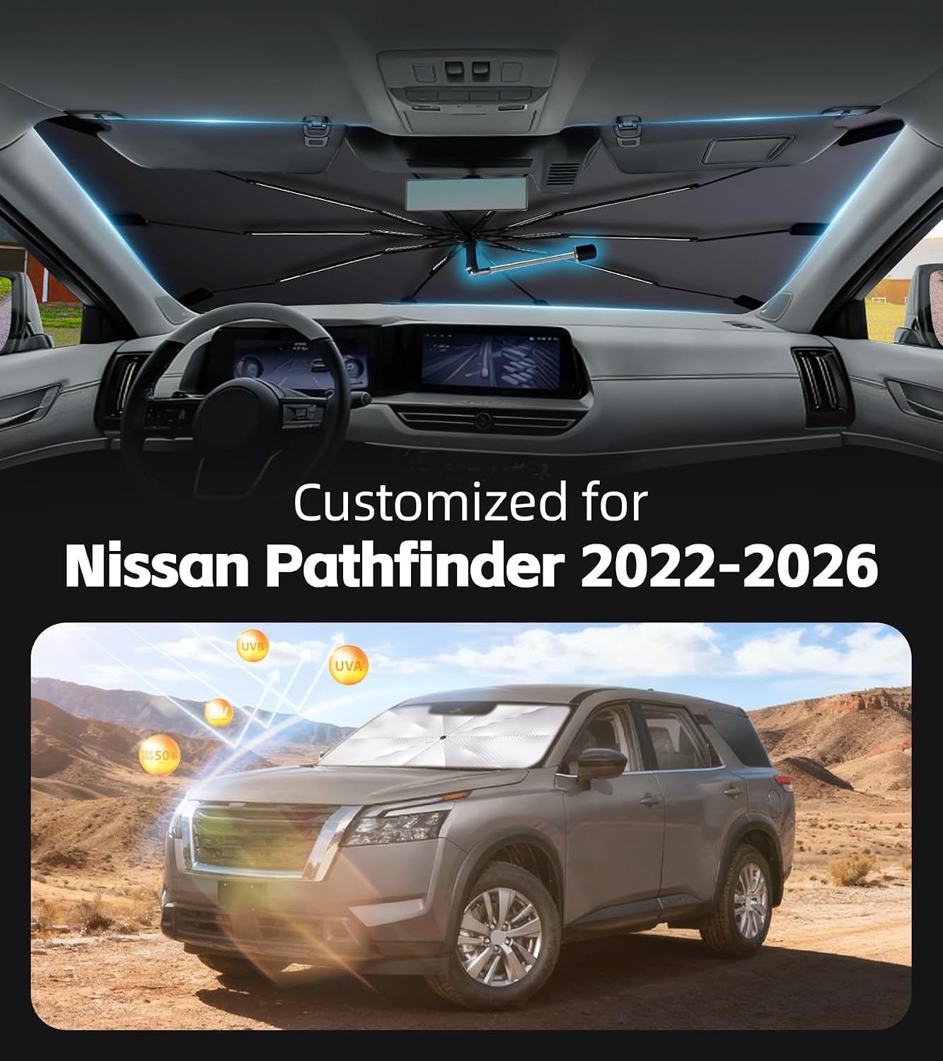 Windshield Sun Shade for Nissan Pathfinder 2022-2026 with 360° Rotating Shaft, Custom Fit Umbrella Sunshade for UV Blocking, Interior Heat Protection, Easy Storage