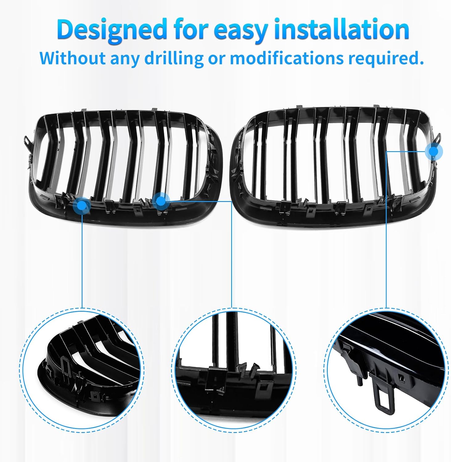 X5 E70 Black Front Kidney Grill Fit for 2007-2014 BMW X5 E70 X6 E71 | Gloss Black-Double Slats, 2pcs