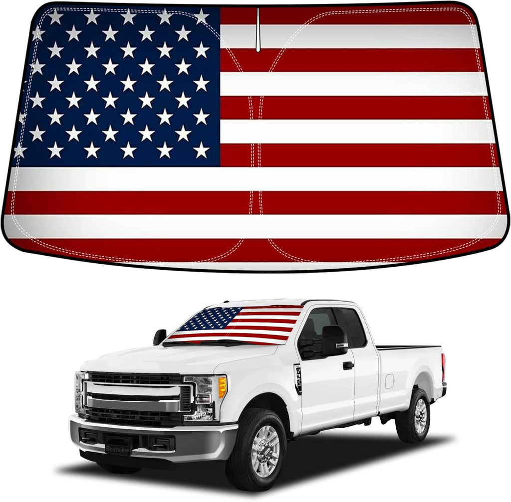 Bestview American Flag Windshield Sunshade for 2017-2025 Ford F250 F350 F450 F550,Custom Fit Foldable Front Window Sunshade Sun Visor Accessories Protector Block UV Rays Heat, Keep Your Car Cooler