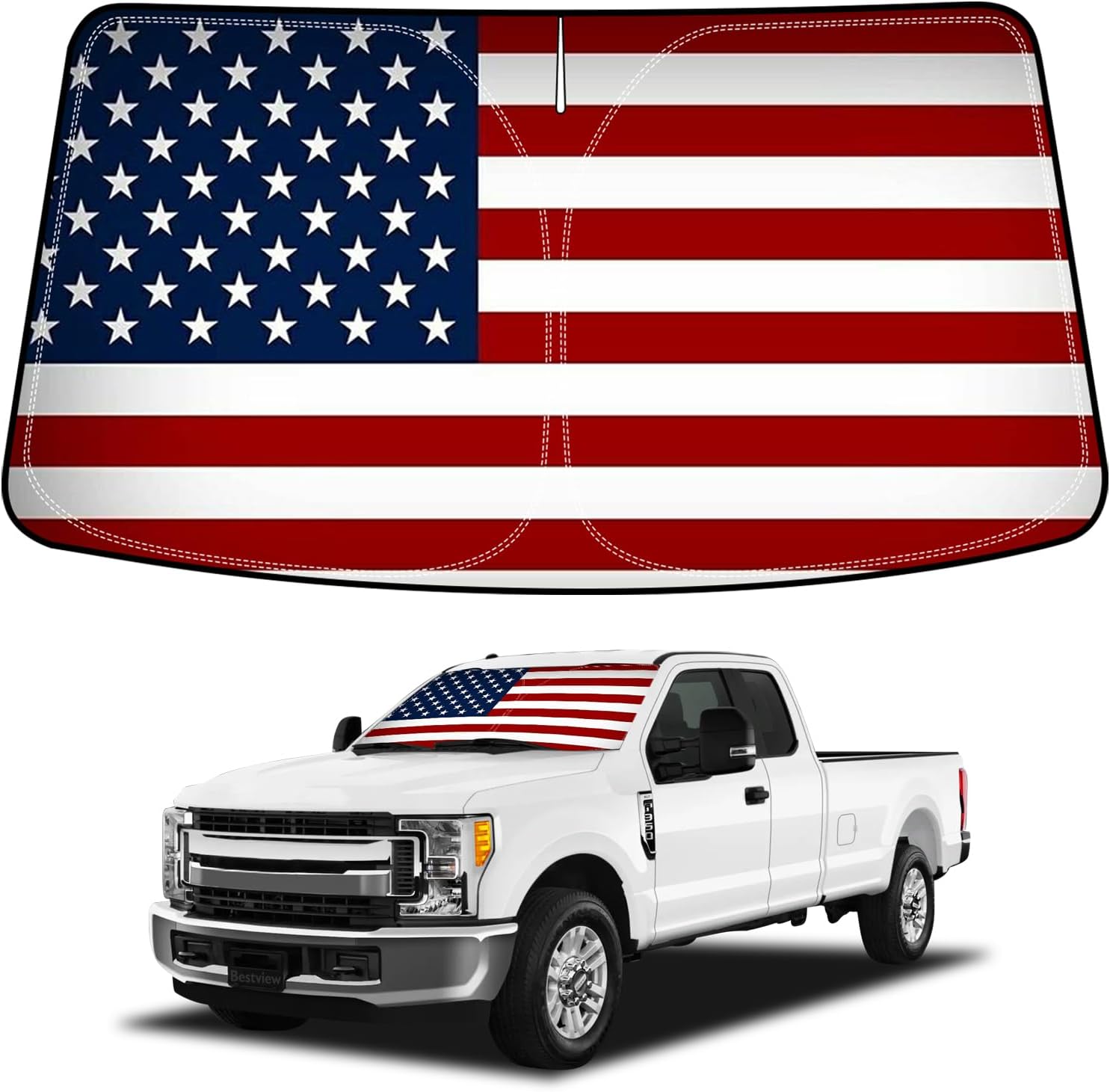 Bestview American Flag Windshield Sunshade for 2017-2025 Ford F250 F350 F450 F550,Custom Fit Foldable Front Window Sunshade Sun Visor Accessories Protector Block UV Rays Heat, Keep Your Car Cooler