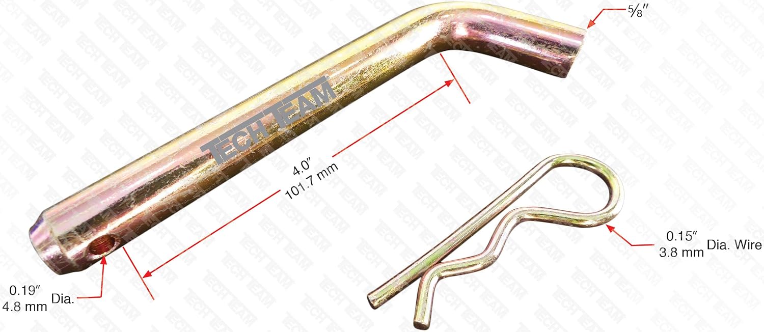 Tech Team #00851 Bent Hitch Pin, 5/8” Dia. x 4” Long, for Secure Mounting of Hitches and Axles, Heavy Duty Steel, Includes 1 Pin and 1 R-Clip
