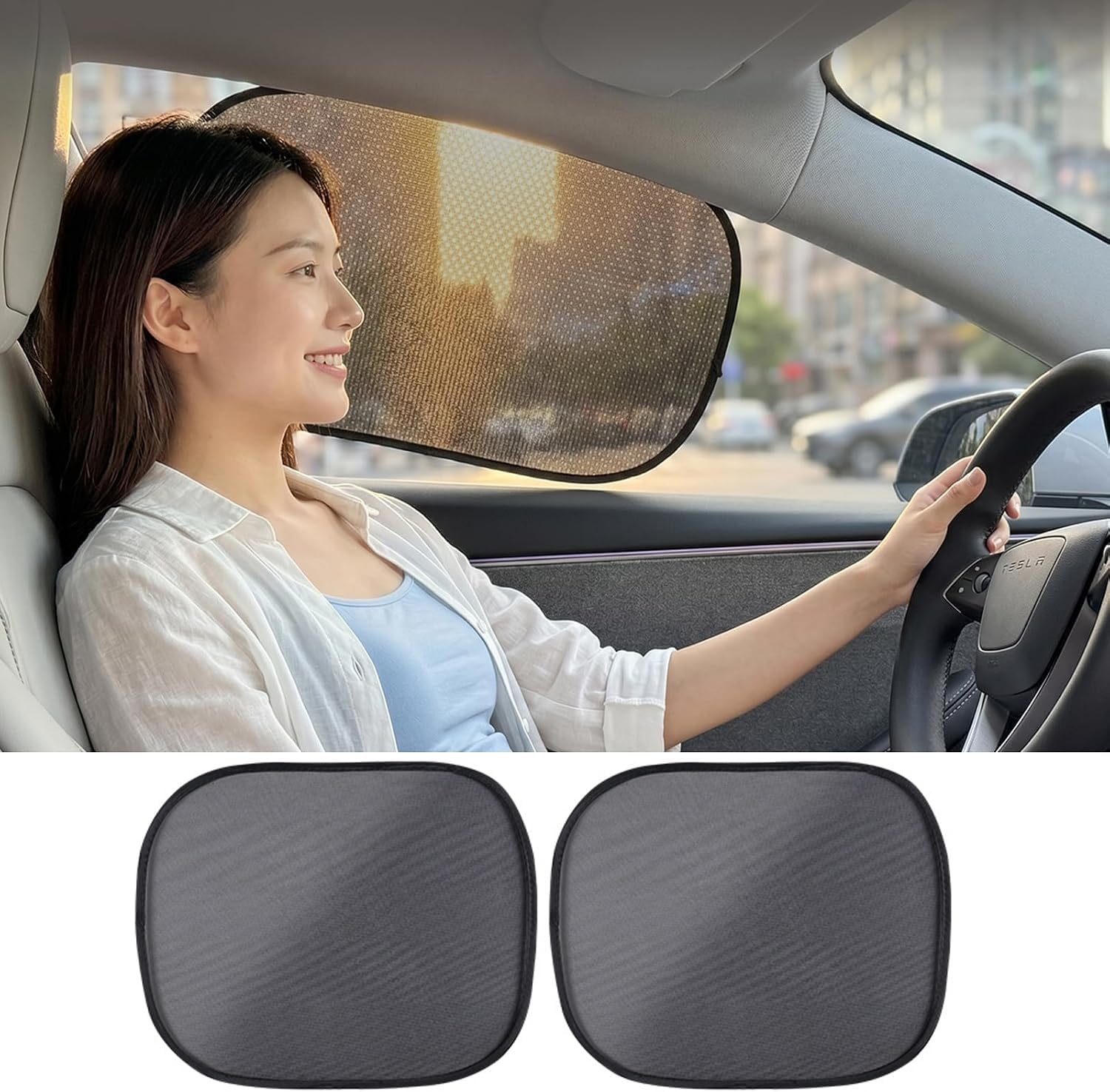 2 Pack Car Window Shades, Mesh Static Adsorption Side Window Sunshade, Anti-UV Glare Heat Protection, Foldable Universal Fit for Cars SUV Van，After