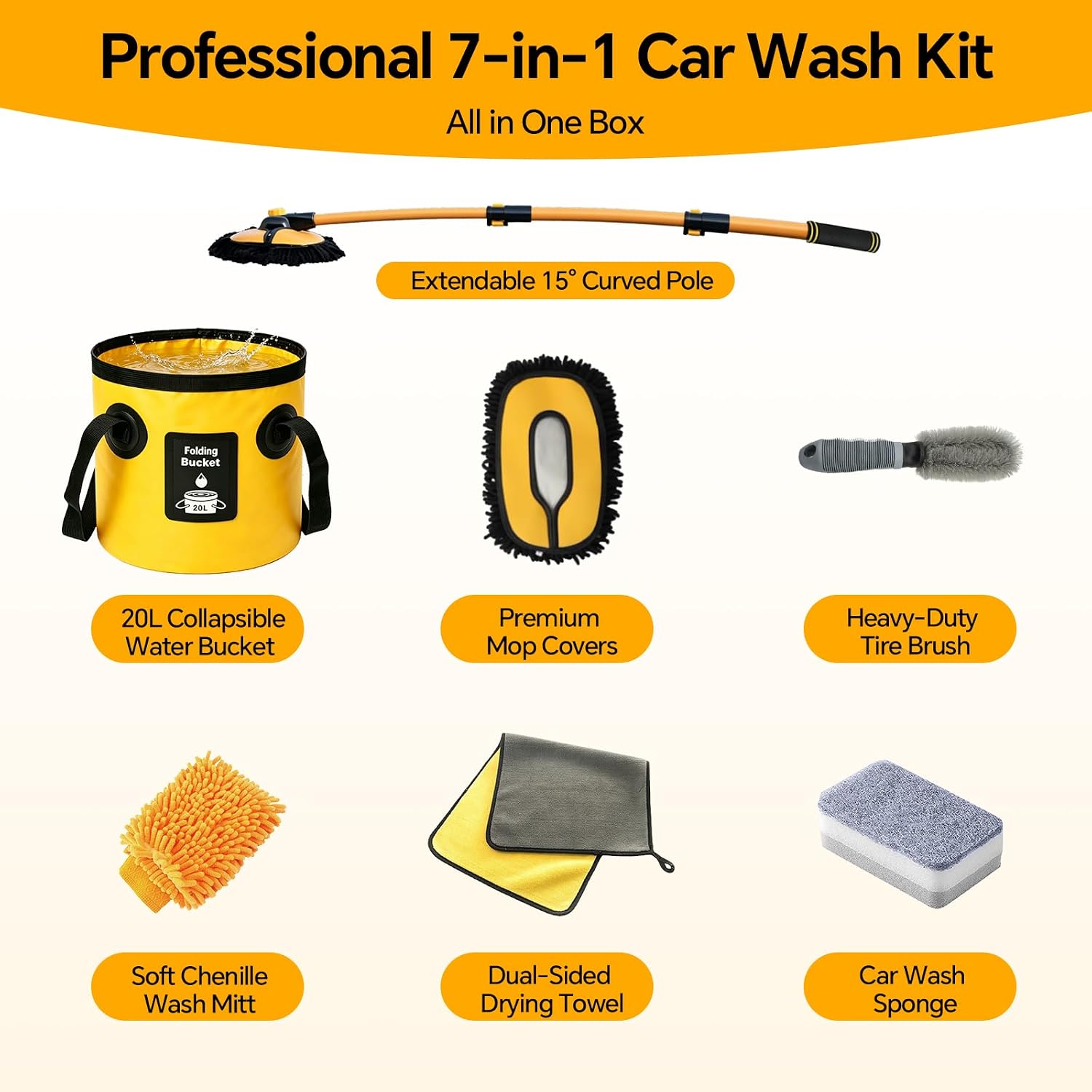 7-in-1 Car Wash Kit with 20L Collapsible Bucket & Brush – Car Wash Mop with Long Handle, 15° Curved Aluminum Pole for SUV Roof, Car Washing Brushes & Cleaning Supplies, RVs-Yellow.