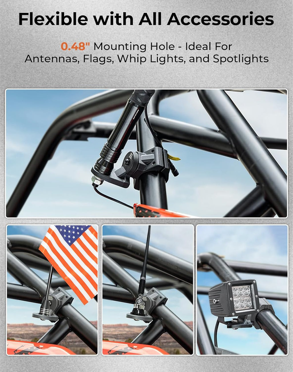 KEMIMOTO 1 PCS UTV Whip Mount Flag Light Mounting Bracket, Heavy Duty Adjustable for 1.75-2 inch Roll Bar Cage Compatible with Polaris RZR 900 1000 XP Pro Turbo Can Am Maverick X3 Commander