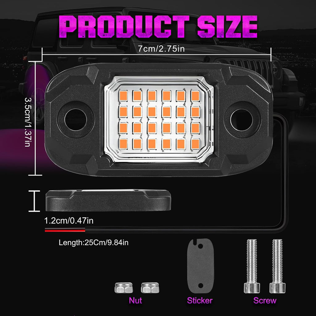 4 Pods Purple Rock Lights 24 LEDs Chips Waterproof Neon Trail Rig Lamp Underglow Light for Car Truck Motorcycle SUV ATV UTV