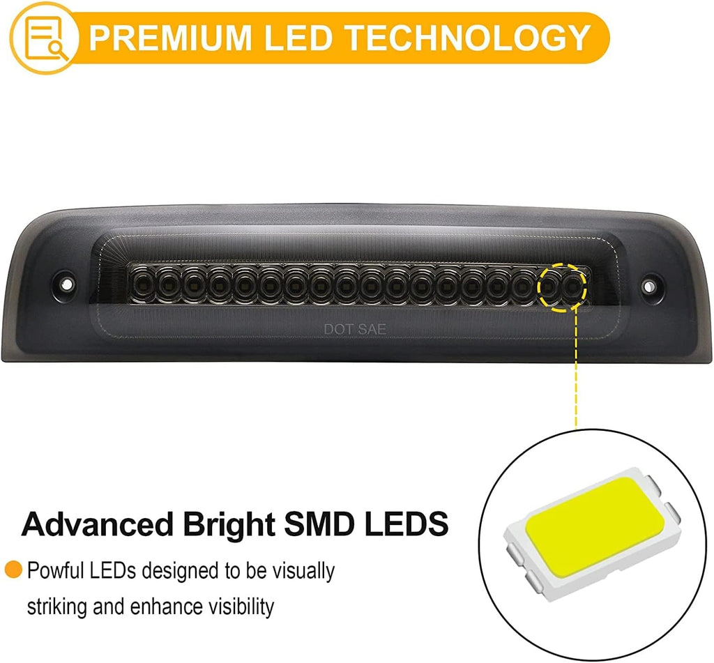 R&F Auto LED Strobe Third Brake Light Compatible With Ram 1500 2500 3500 4500 5500, 2010-2018, F1 Style Red Flash Smoked High Mounted Stop Lights with Seal Foam Gaskets Roof Cargo Lamp Pickup Truck