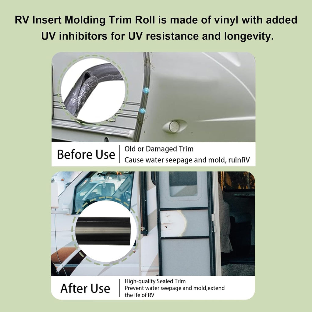 1" Black Vinyl Trim Molding Screw Cover RV Camper Travel Trailer (100 ft) | Vinyl trim strips cover external screws, prevent them from rusting and enhance the appearance of the motorhome