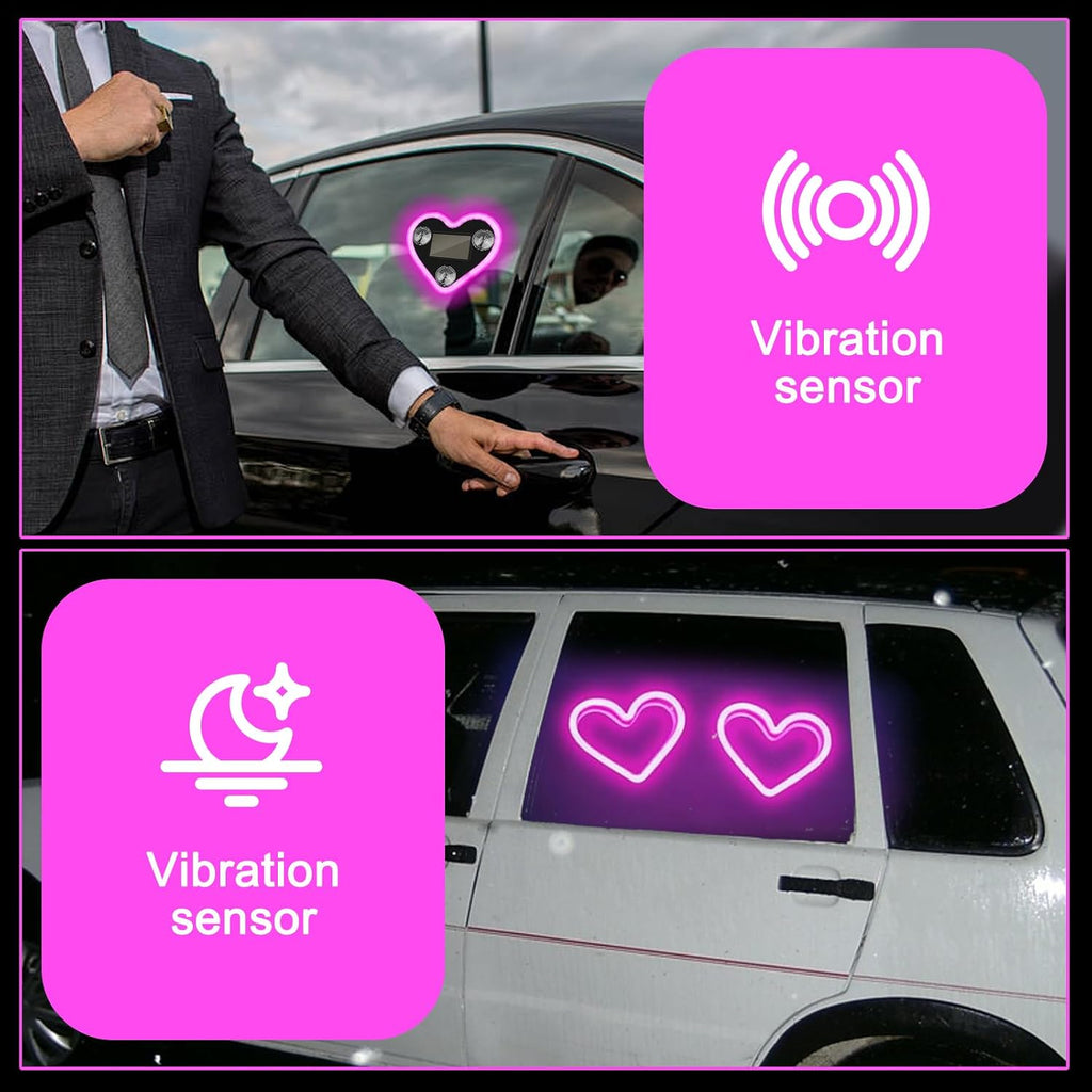 2Pcs Solar Powered Heart Shape Car Ambient Light, Pink LED Neon Light for Car Back Window Decoration, 5 Modes, Romantic Gift for Christmas Valentine's Day