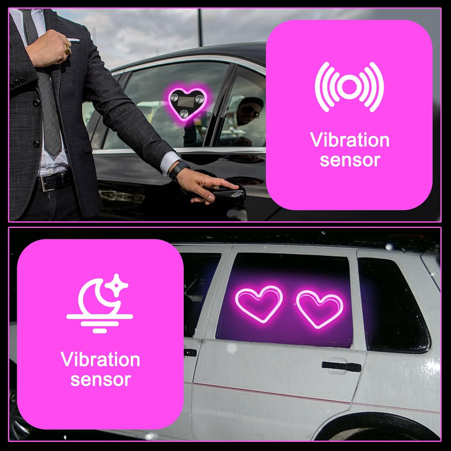 2Pcs Solar Powered Heart Shape Car Ambient Light, Pink LED Neon Light for Car Back Window Decoration, 5 Modes, Romantic Gift for Christmas Valentine's Day