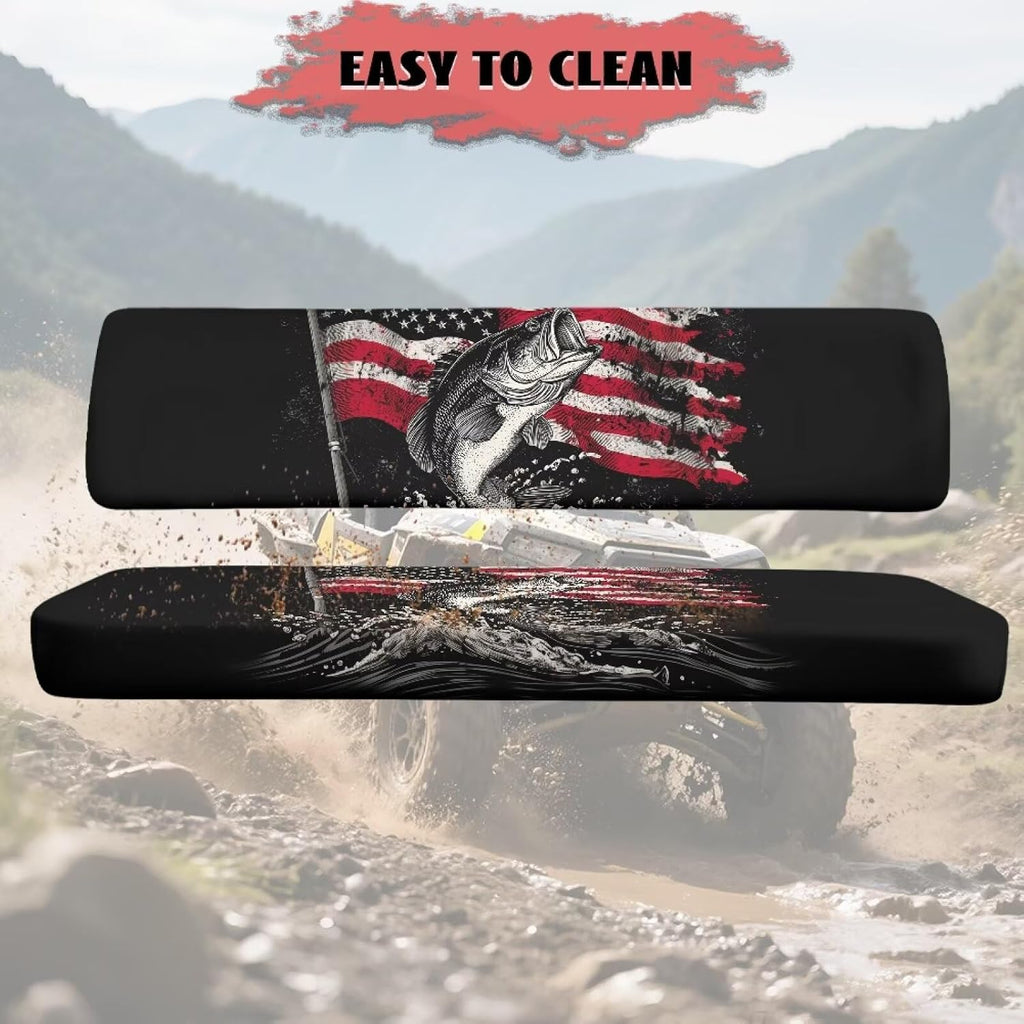 American Flag Bass Fish Print All-Weather 2Pcs UTV Seat Covers-Easy Install, Anti-Slip Backing-Compatible with Kawasaki Mule 4010 4000 3000 3010 2001-2023 2025 Patriotic