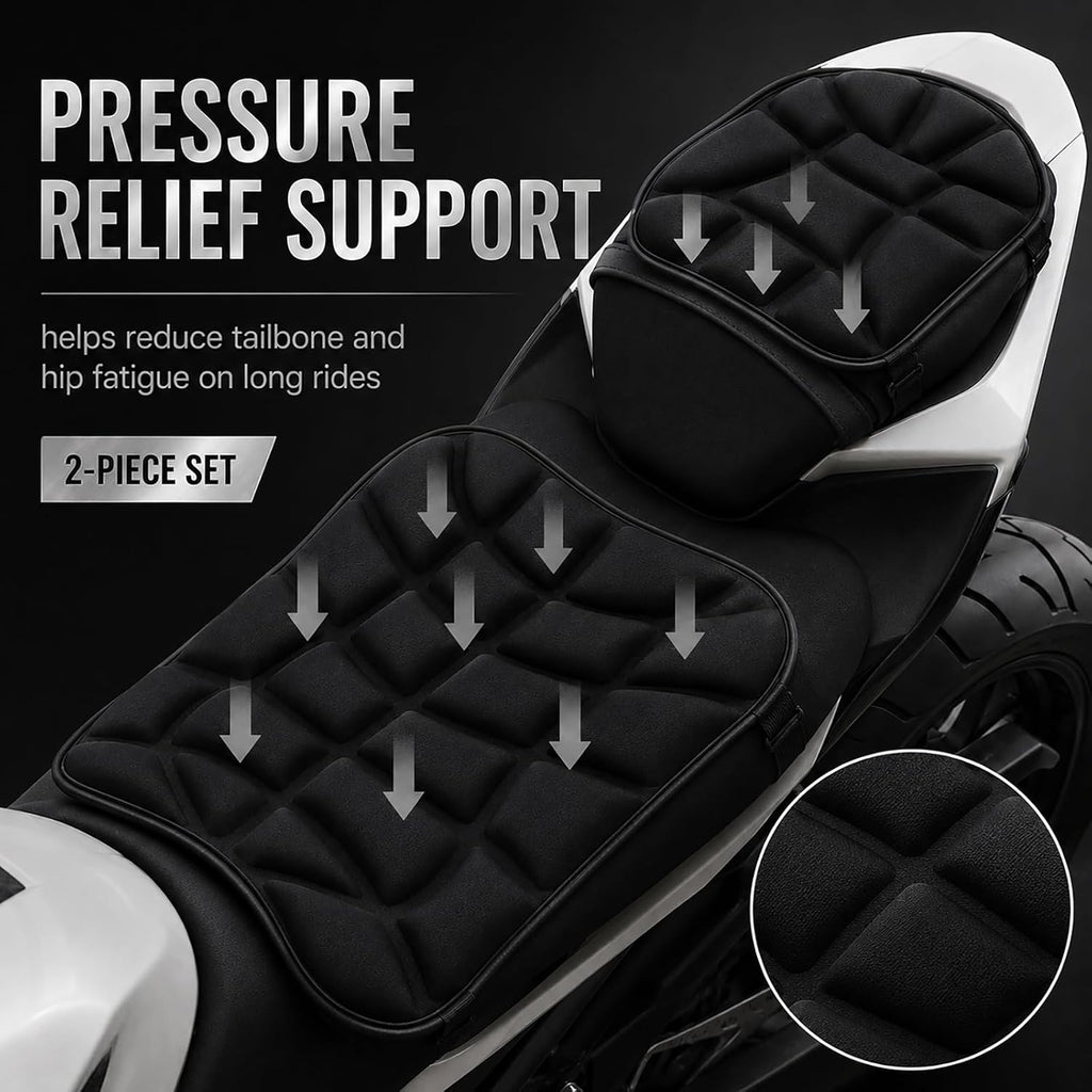 Motorcycle Seat Cushion for Yamaha V-Star 250 2008-2026 | Front Rear Set | Shock Absorbing Comfort | 3D Pressure Relief | Breathable Surface | Secure Strap Fit