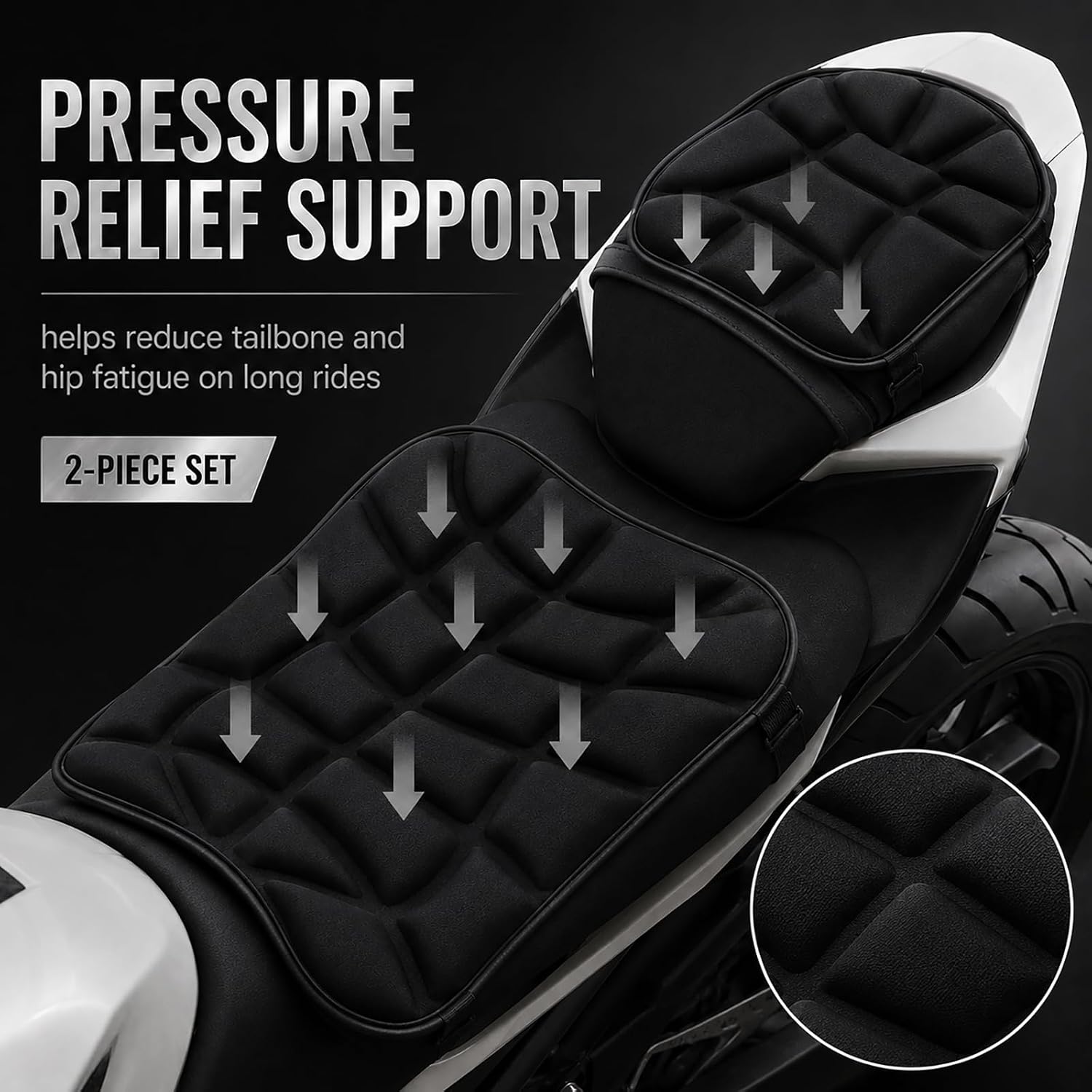 Motorcycle Seat Cushion for BMW R1150R 2001-2006 | Front Rear Set | Shock Absorbing Comfort | 3D Pressure Relief | Breathable Surface | Secure Strap Fit