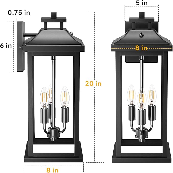 20" Large Dusk to Dawn Outdoor Lights 3-Light, 2 Pack Black Modern Exterior - Image 7