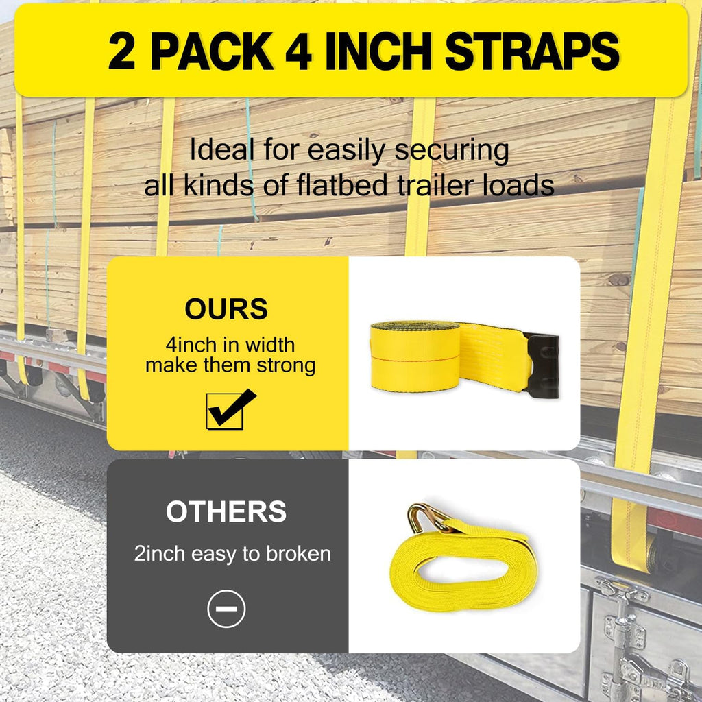 4" x30' Winch Straps with Flat Hook Flatbed Tie Downs Truck Straps 16200 lbs Load Capacity Cargo Control for Flatbeds, Trucks, Trailers, Farms, Rescues, Tree Saver, Yellow(2 Pack)