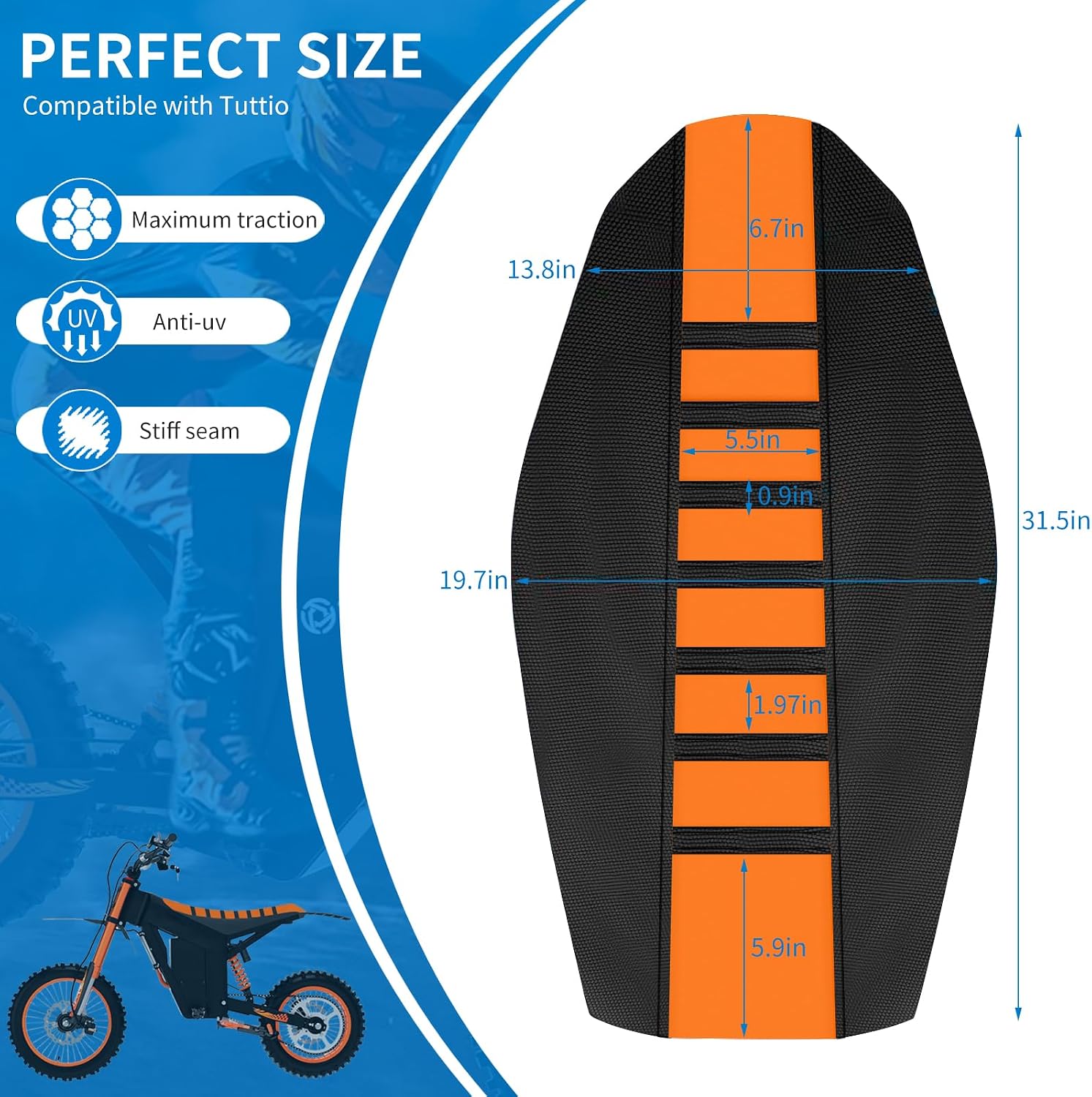 Dirt Bike Seat Cover Compatible with Tuttio, Motorcycle Universal Seat Cover, Soft Ribbed Covers, Non-Slip Rubber with Black Stripe, Easy to Install, for Dirt Bike and Motocross (Orange)