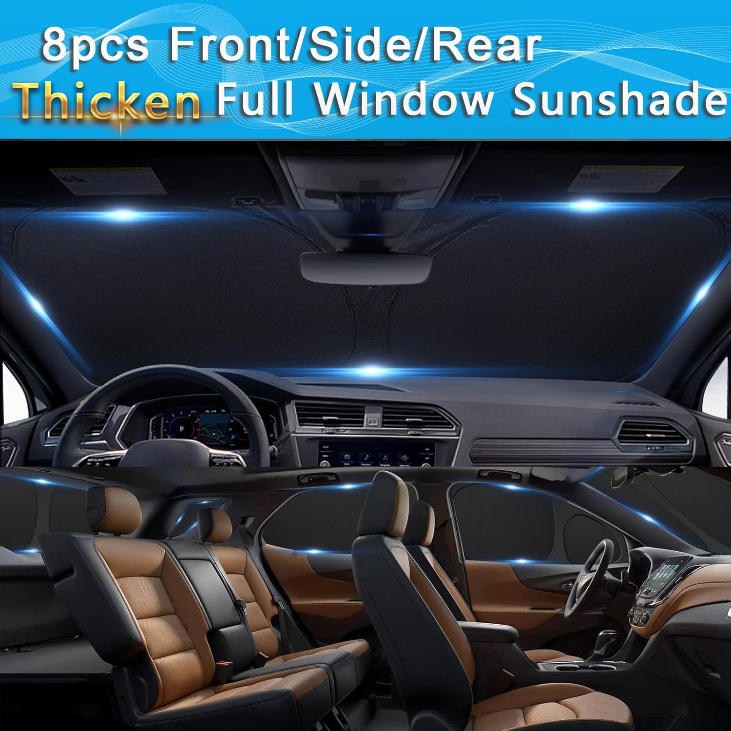 KMF 8pcs Full Sun Shades Custom for Toyota Sienna 2013-2018 Accessories, Sienna Sunshade Car Window Covers for Windshield Side Rear, Sun Visor UV Block and Blackout Privacy for Camping Outdoor