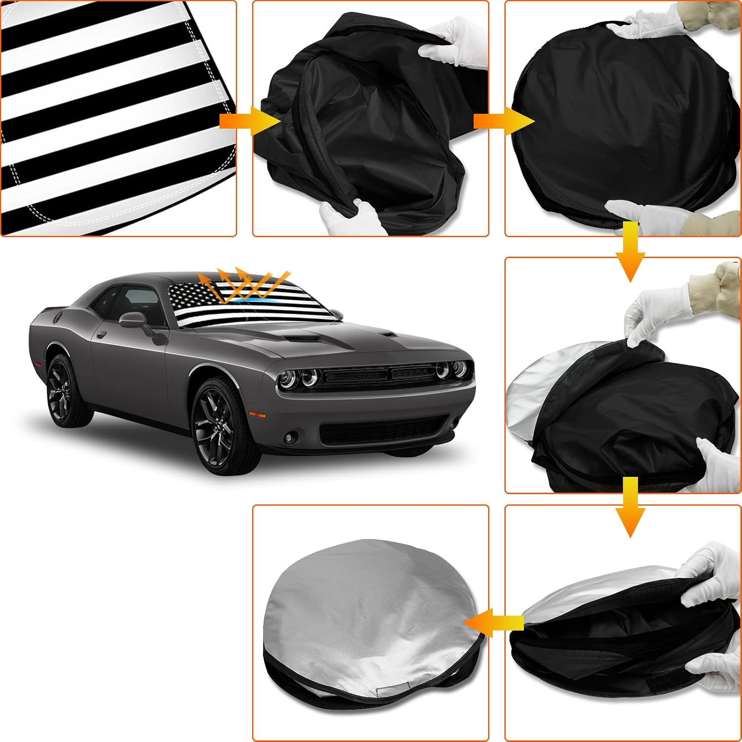 D-Lumina Winshield Sun Shade with USA Flag for 2015-2023 Dodge Challenger, Foldable Front Sun Shield Protector Blocks UV Rays, Window Sunshade Sun Visor Interior Accessories