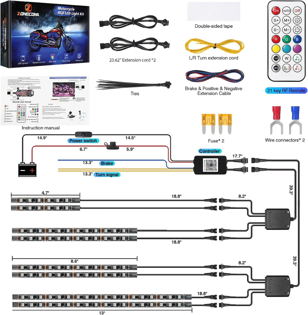 8PCS Chasing Dreamcolor Motorcycle LED Lights Kit with/APP/RF Remote Brake Turn Signal,RGB+IC Motorcycle underglow LED Strip Lights 12v Waterproof Music Mode Multicolor for Harley Honda Yamaha
