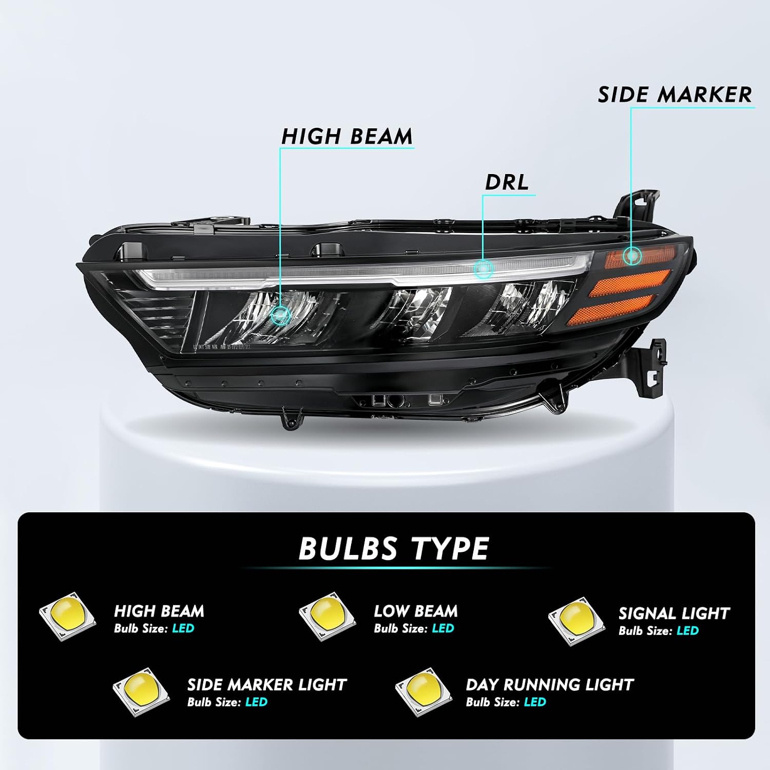 TUSDAR Headlight Assembly [Full LED Reflect] for 2023 2024 2025 Honda Accord OEM Headlamp Replacement w/DRL Tube Signal (Left Driver Side)
