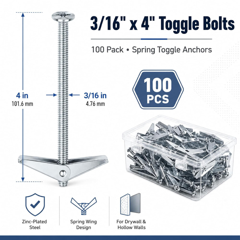 100-Pack 3/16" x 4" Toggle Bolts, Heavy Duty Spring Toggle Anchors ...