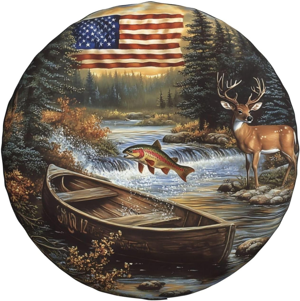 Spare Tire Cover for RV Camper, American Flag Forest Fish Deer Tire Cover Protectors, Weatherproof Universal Wheel Cover for RV Travel Trailer Camper Truck 15in