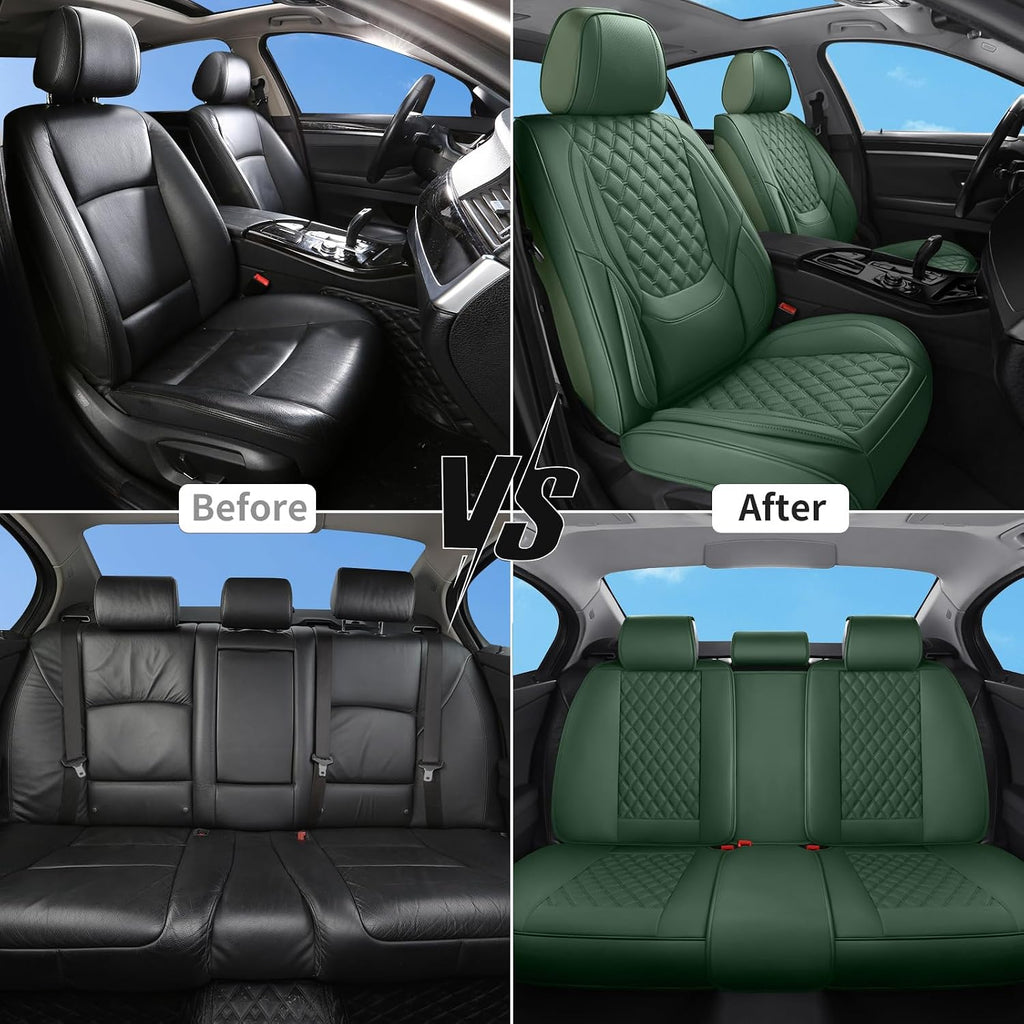 green car seat covers full set,5 seat leather, front angle view