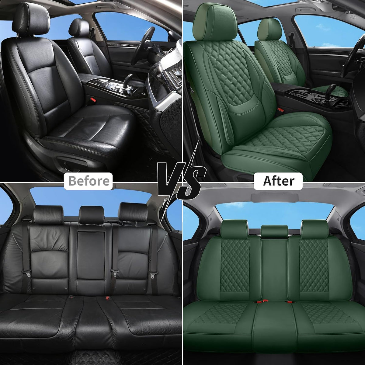 green car seat covers full set,5 seat leather, front angle view