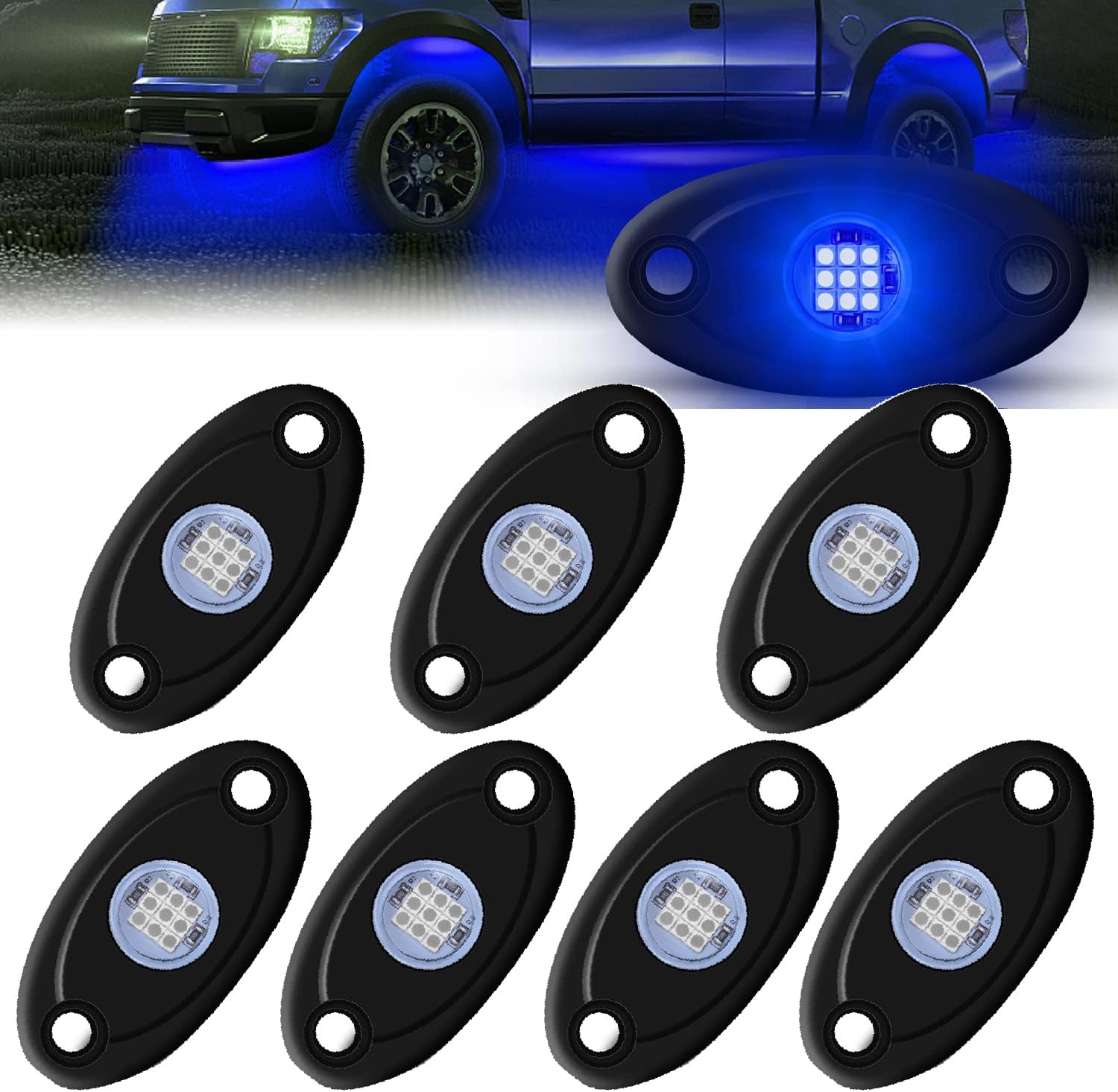 LED Rock Lights 8 Pods Blue for Truck Motorcycle Car Shockproof Waterproof Underbody Glow Neon Trail Rig Fender Lighting