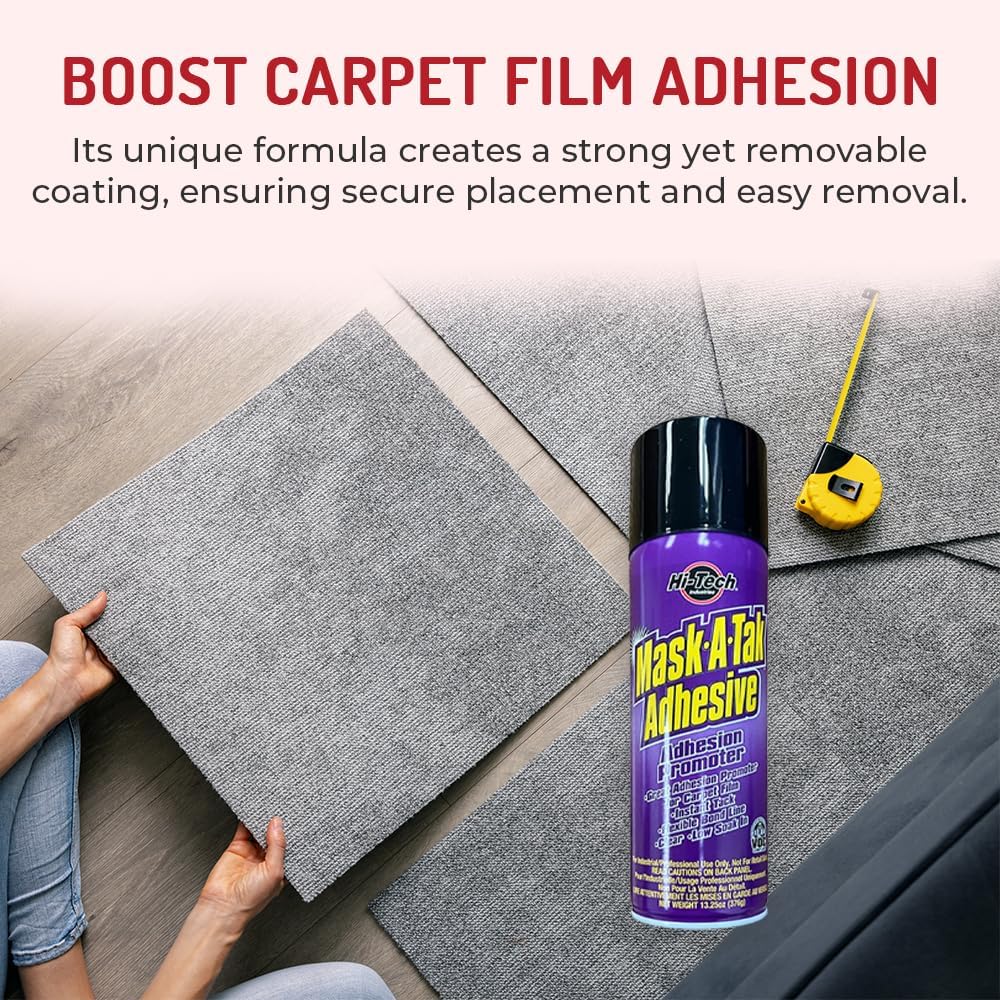 HI-TECH Mask-A-Tak Adhesive Promoter Spray – Instant Tack Bonding for Carpet Film, Clear Low-Soak Formula for Auto Interior Protection – 14 oz Aerosol