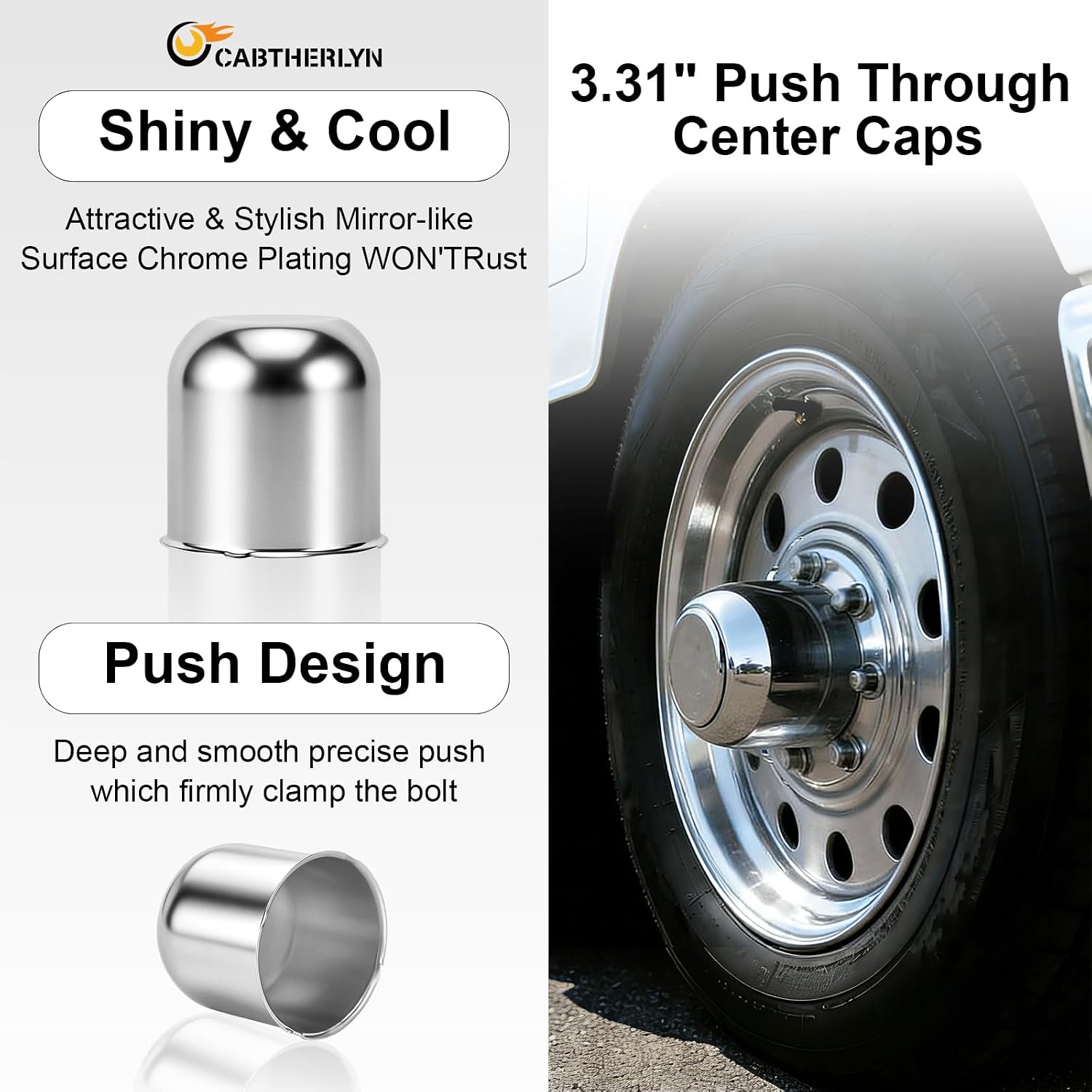 3.31" Push Through Center Caps for Trailer Truck RV Wheel Rims 3.31" Center Bore Chrome Carbon Steel, 3.31" Center Hole, 3.03" Height, 4Pack, Silver