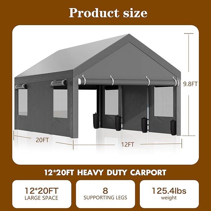 Walsunny Carport, 12x20 ft Heavy Duty Carport Canopy - Image 2