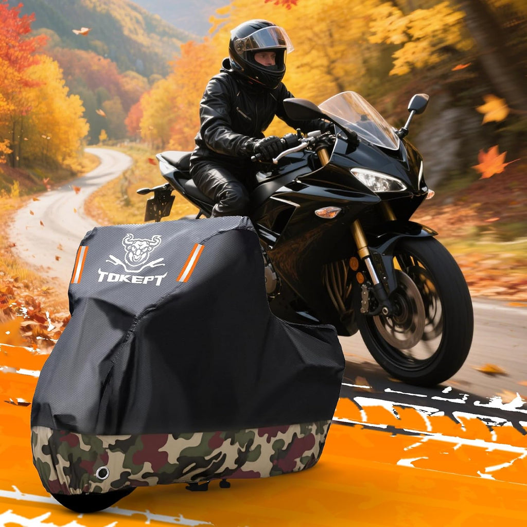 Motorcycle Cover Waterproof Outdoor All Season Weather Sun Rain Protection with Lock-Holes, Night Reflective & Storage Bag Fits up to 96" Motorcycles Powersports Vehicle Cover